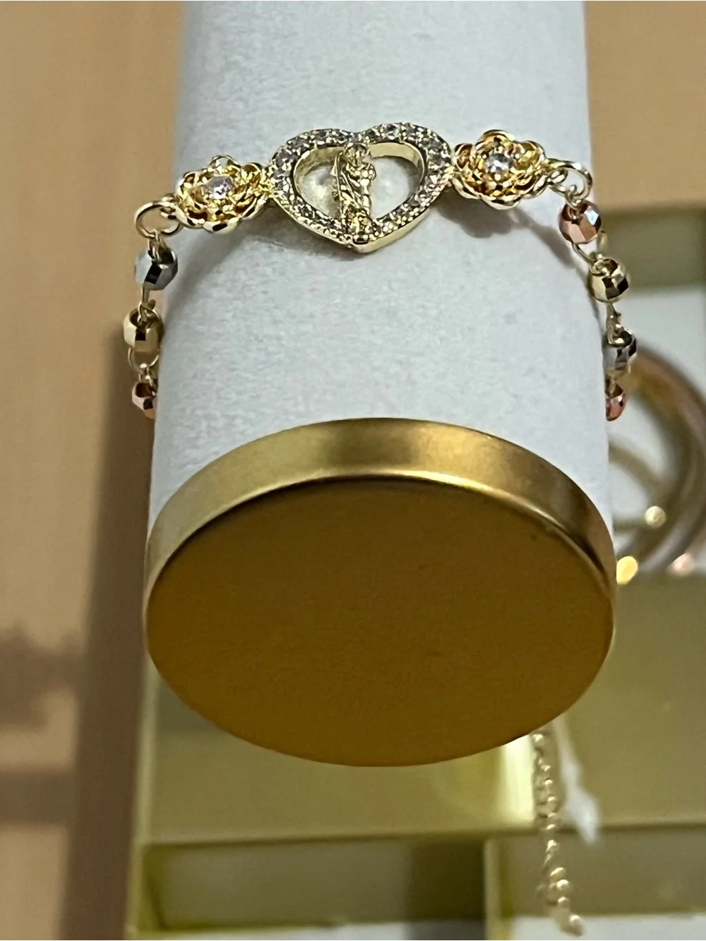 Gold Heart Bracelet with Crystal Accents and Flower Links